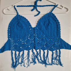 Crochet Midriff  Top With Fringes - Blue