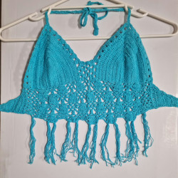 Crochet Midriff  Top With Fringes - Sky Blue