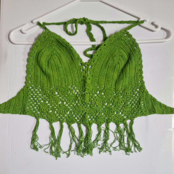 Crochet Midriff  Top With Fringes - Green