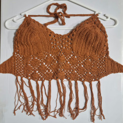 Crochet Midriff  Top With Fringes - Orange
