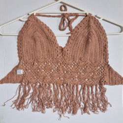 Crochet Midriff  Top With Fringes - Brown