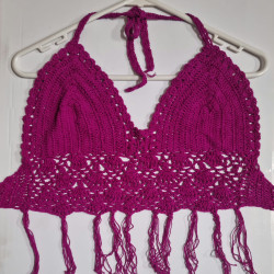 Crochet Midriff  Top With Fringes - Maroon