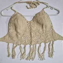 Crochet Midriff  Top With Fringes - Beige