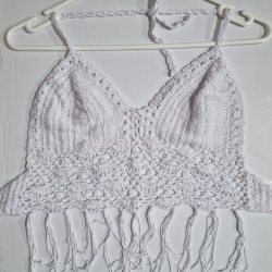 Crochet Midriff  Top With Fringes -White