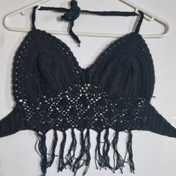 Crochet Midriff  Top With Fringes - Black