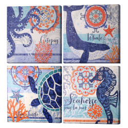 Coastal Ocean Whale Turtle Octopus Seahorse Nautical Beach Themed Canvas Art - 20" x 20"