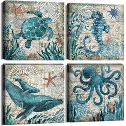 Beach Wall Art - Ocean Sea Turtle Octopus Canvas Pictures - Coastal Room Decor