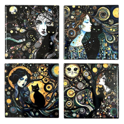 Black Cat Lady Ceramic Coasters Set Of 4