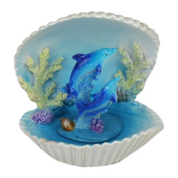 7cm Twin Dolphin in Coral Clam Shell