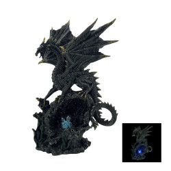 34cm Black and Gold Dragon on Light Up Crystal Cave