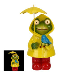 29cm Frog in Rain Jacket Holding Bird with Solar Eyes