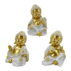 11cm Sitting Buddha in White Pearlized Finish Holding Lotus 3 Asstd
