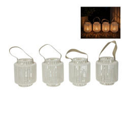 27cm White Metal/Woven Lantern with Glass Insert and Leather Strap