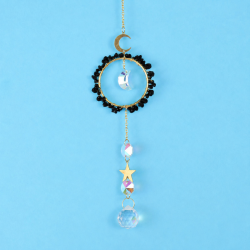 Crystal Suncatcher Round Ring Moon Star - Black Obsidian