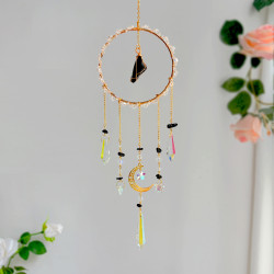 Crystal Suncatcher Round Ring Moon - Black Obsidian