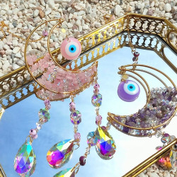 Crystal Suncatcher Evil Eye Moon - Rose Quartz