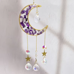 Crystal Suncatcher Crescent Moon Star - Amethyst Clear Quartz