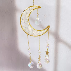 Crystal Suncatcher Crescent Moon Star - White Quartz Clear Quartz