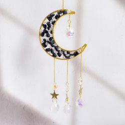 Crystal Suncatcher Crescent Moon Star - Black Obsidian Clear Quartz